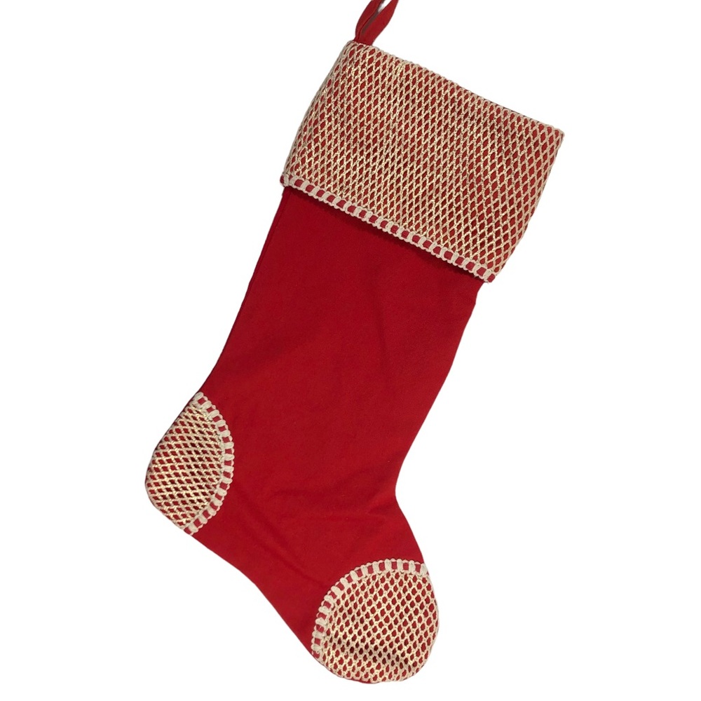 SLEIGH HILL TRADING CO. Christmas Stocking Red with Ecru Crochet Trim